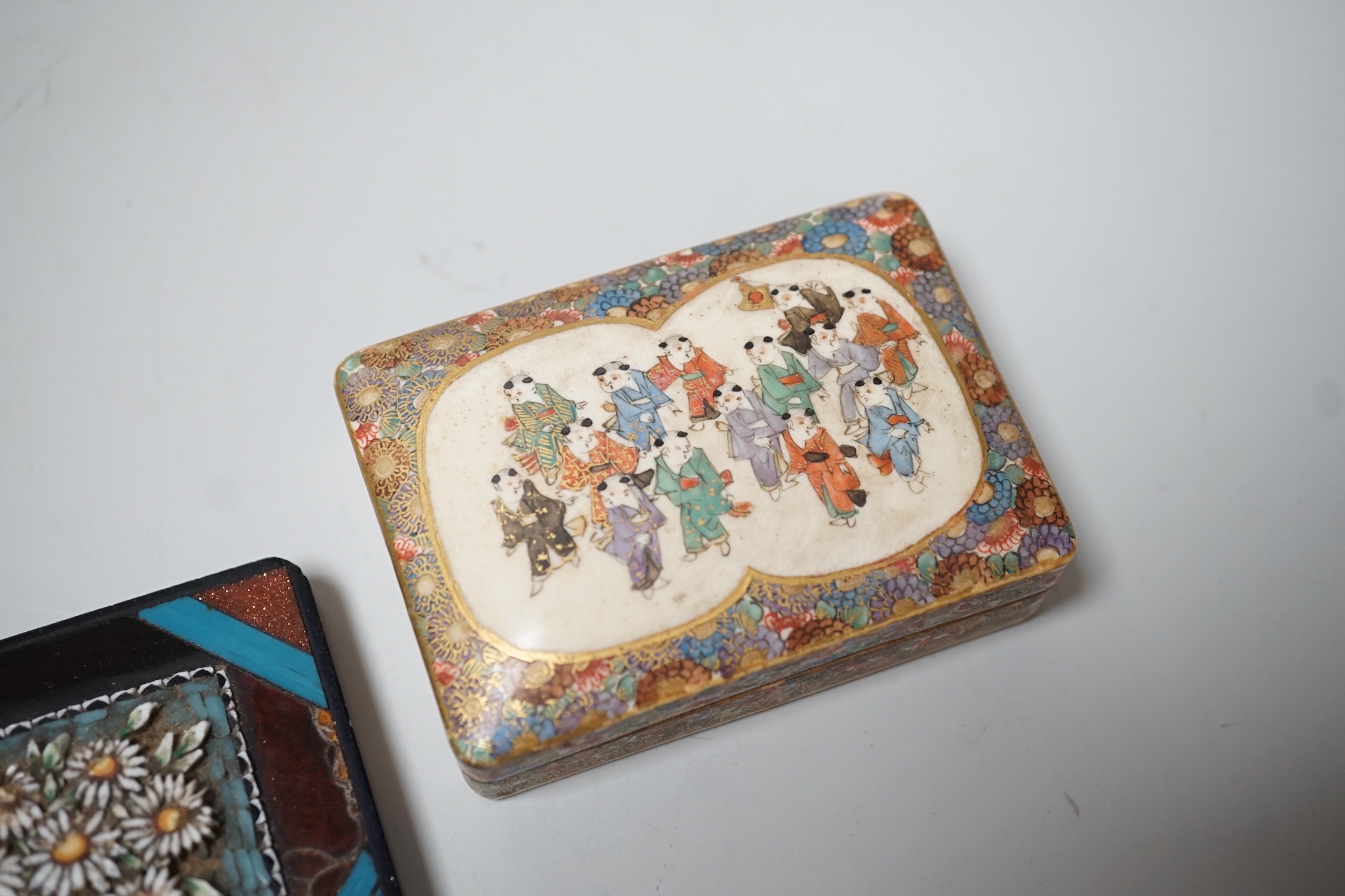 A small Japanese signed Satsuma export dish and cover, of rectangular form, together with a micro-mosaic and inlaid slate desk weight (2) 6.5 x 4.5cm